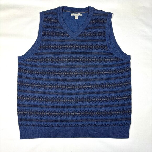 Nordstrom Blue Extra Fine Merino Wool V-Neck Nordic Striped Sweater Vest Mens L - Picture 1 of 6